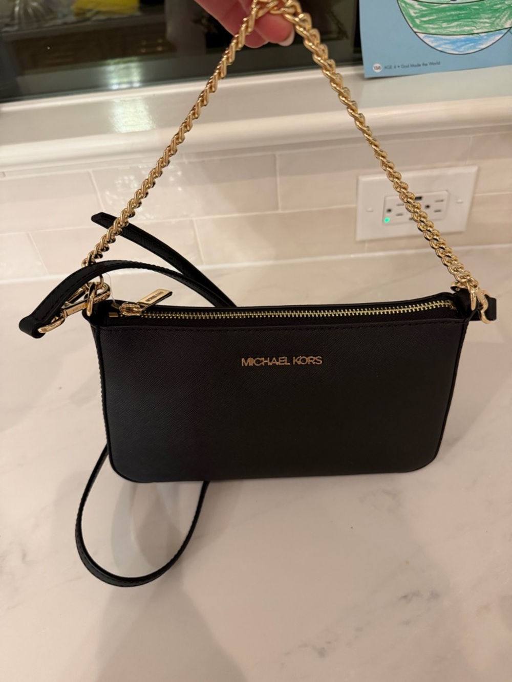 Michael Kors Black Saffiano Leather Crossbody with Gold Chain